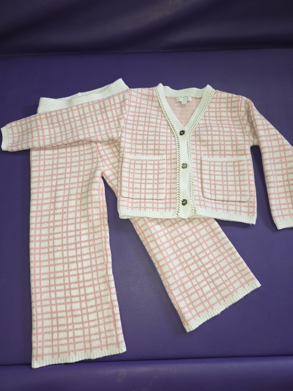 btween Pink and White Grid Knit Pajama Set